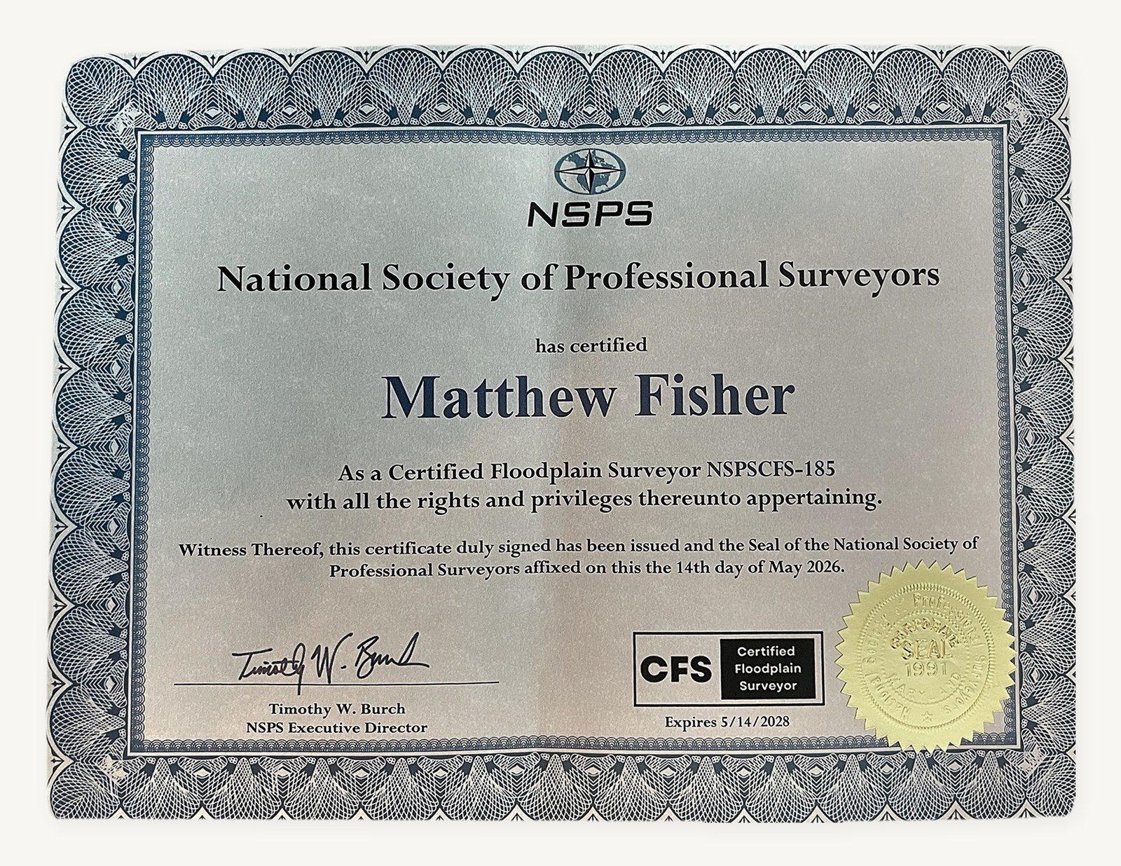NSPS Certified Floodplain Surveyor certificate issued to Matthew Fisher, number NSPSCFS-185