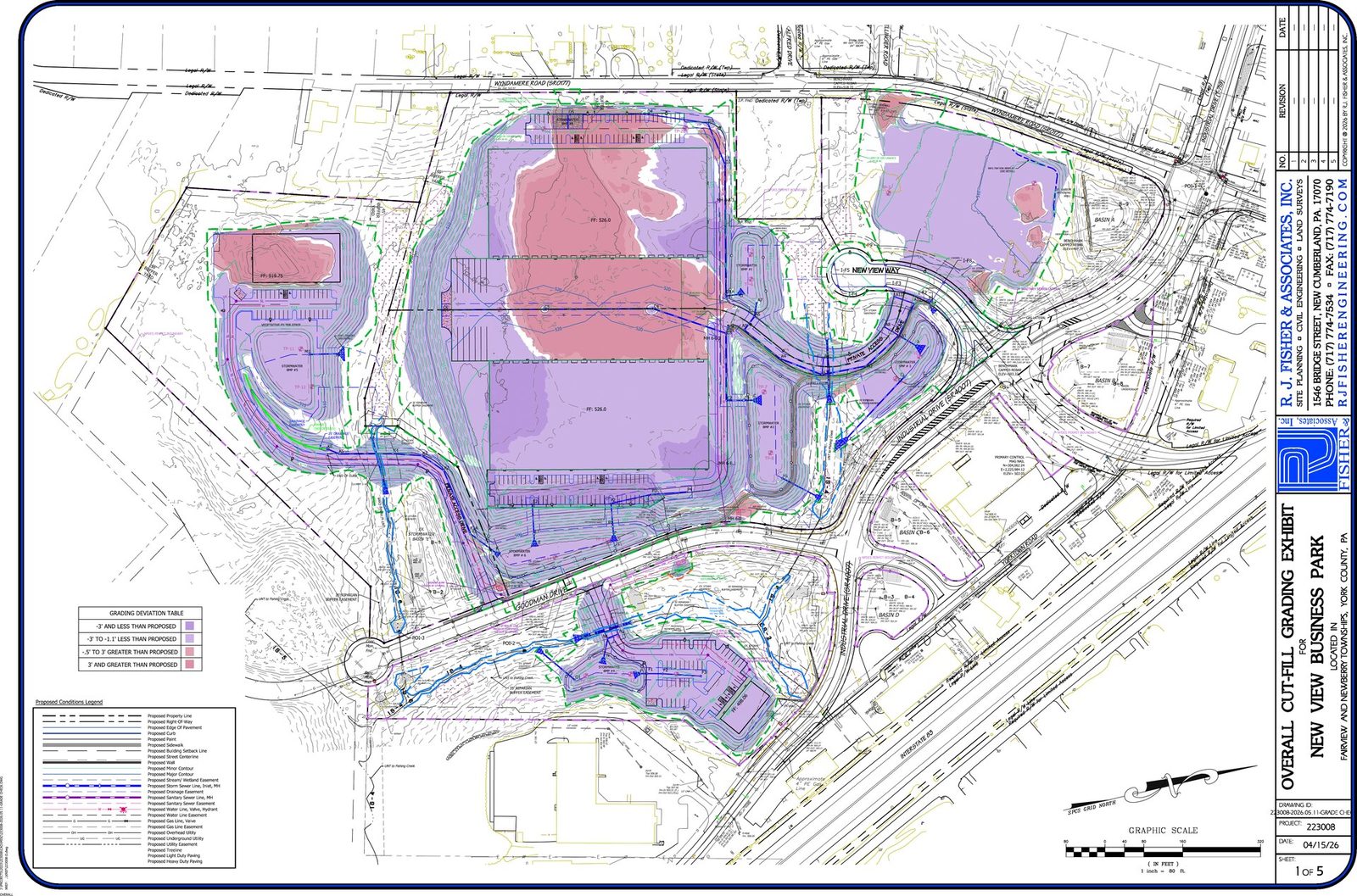 Cut and fill deviation exhibit for New View Business Park showing areas above and below design grade